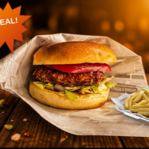 crispy chicken burger + pommes (aktions menü)